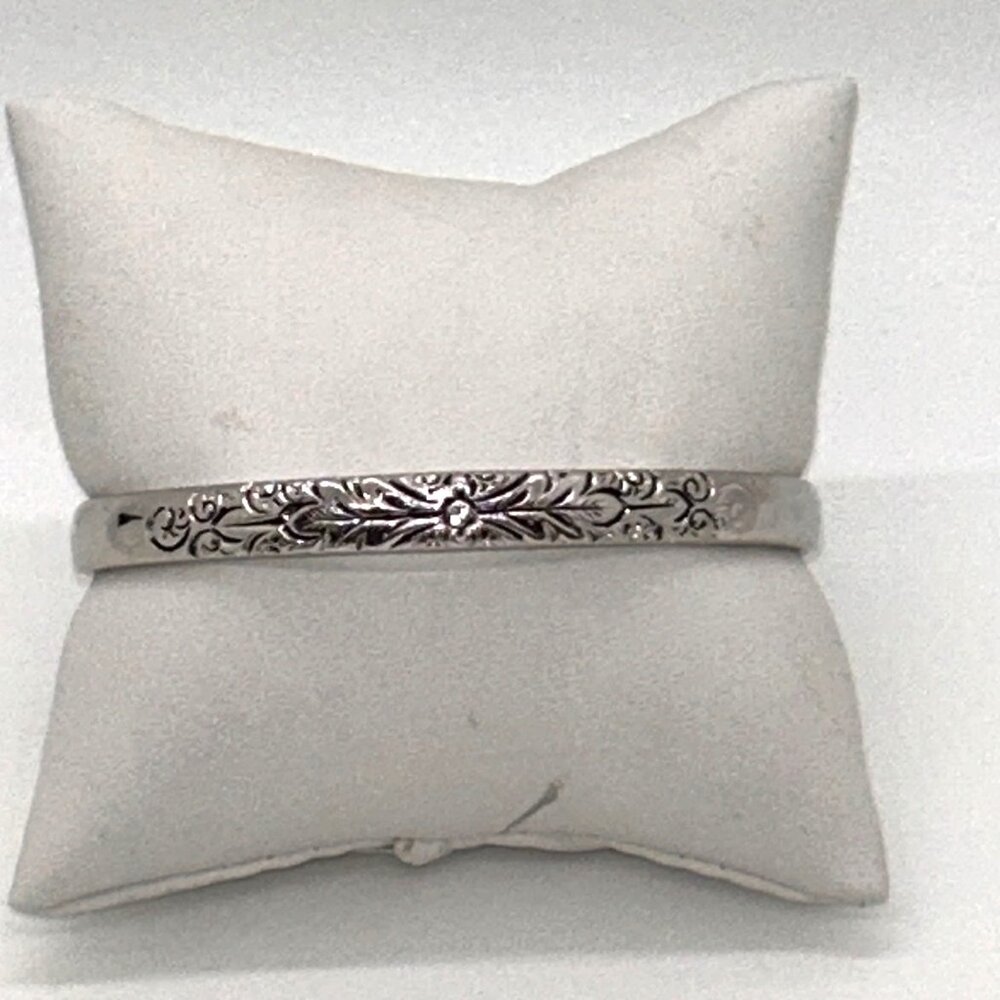 Whiting & Davis Vintage Silver-Tone Etched Floral Bangle Bracelet 7 Inch